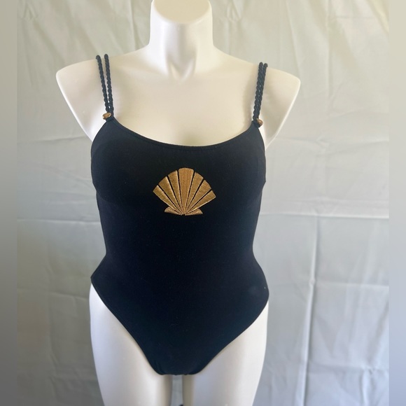 All Black with Golden Shell One-Piece Swim Wear - Picture 1 of 3